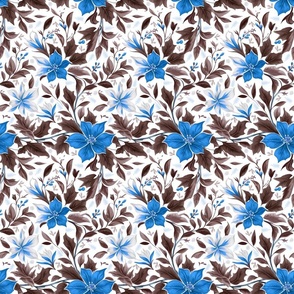 Open Floral Flower and Leaf in Blue and Taupe (small scale)