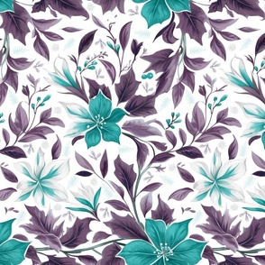 Open Floral Flower and Leaf in teal and heather (large scale)