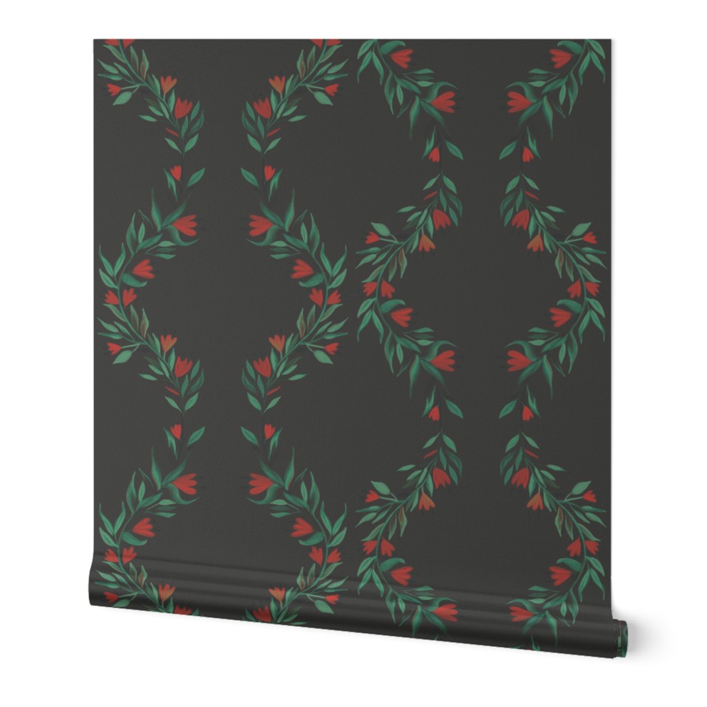 Bold Red and Green Holiday Floral on Dark Background with Woven Texture