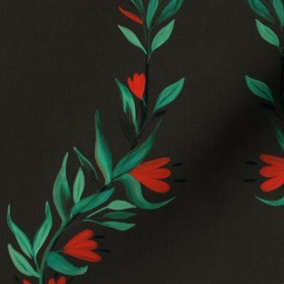 Bold Red and Green Holiday Floral on Dark Background with Woven Texture