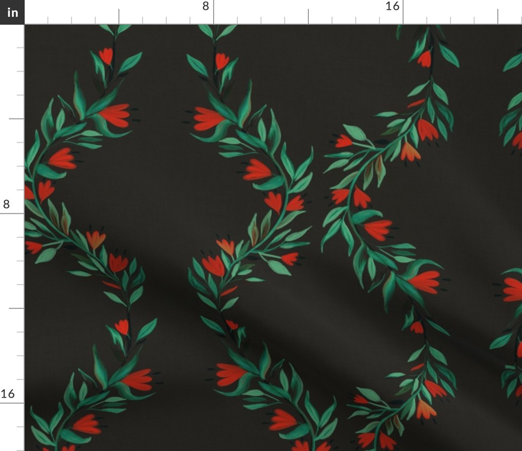 Bold Red and Green Holiday Floral on Dark Background with Woven Texture
