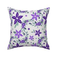 Open Star Flower Leaves and Stars Lilac Purple Sage Green on Palest Green