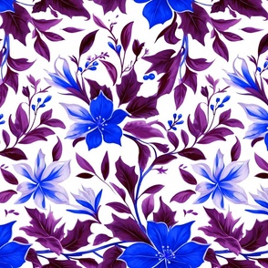 Open Floral Flower and Leaf Royal Blue Deep Purple (large scale)