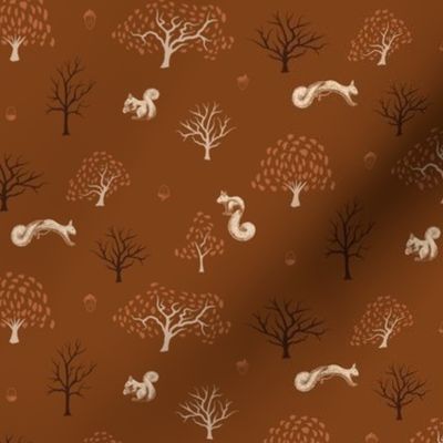 Large |  Squirrels and Acorns in an Oak Forest on Rust Brown