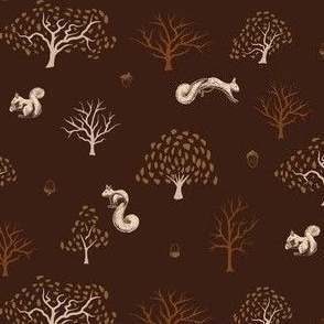 Large |  Squirrels and Acorns in an Oak Forest on Dark Red