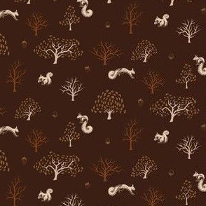 Small | Squirrels and Acorns in an Oak Forest on Dark Red