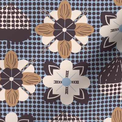 Autumn's Playful Blend: Acorns, Flowers, and textured Dots on blue background