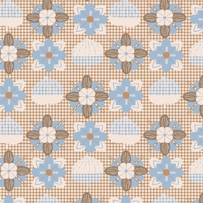 Autumn's Playful Blend Light blue and brown: Acorns, Flowers, and textured Dots