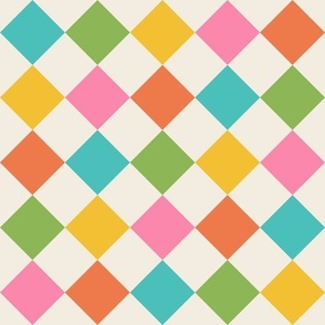 Medium scale / Retro rainbow diamond checkerboard on beige / Colorful blue green yellow orange and pink diagonal squares checks / 60s vintage kitchen tiles grid / fun bold minimal 70s summer blender