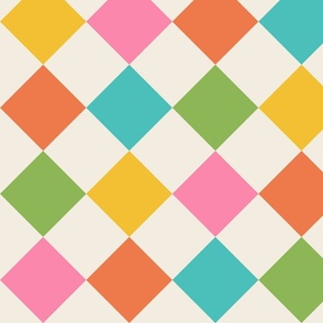 Large scale / Retro rainbow diamond checkerboard on beige / Colorful blue green yellow orange and pink diagonal squares checks / 60s vintage kitchen tiles grid / fun bold minimal 70s summer blender