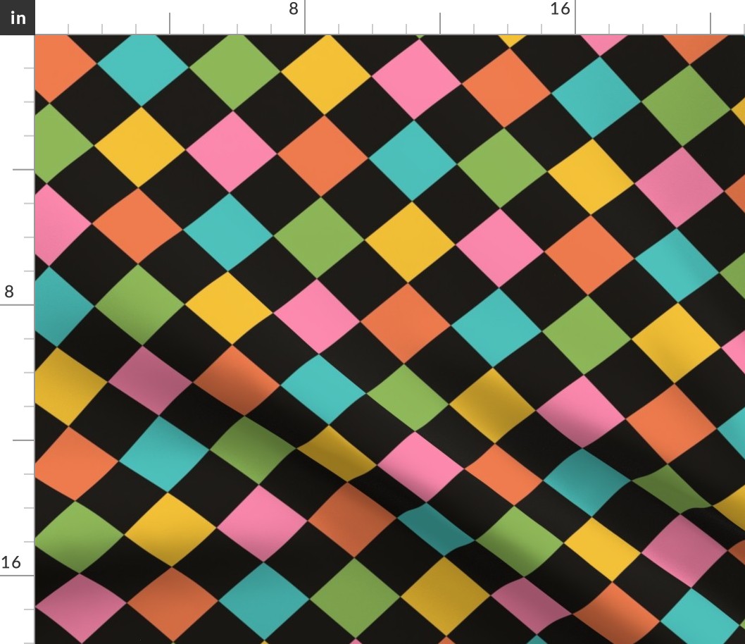 Medium scale / Retro rainbow diamond checkerboard on black / Blue green yellow orange and pink diagonal squares checks / 60s vintage kitchen tiles grid / fun bold minimal 70s dark background blender