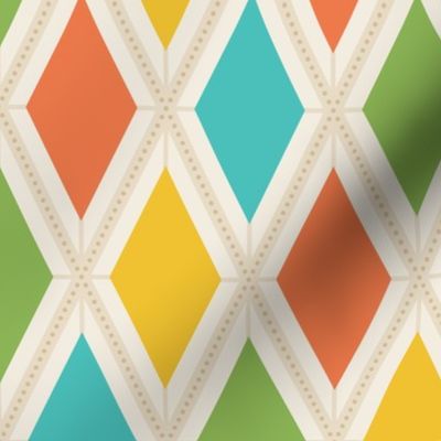 Medium scale / Retro rainbow vertical harlequin diamonds on beige / Colorful diagonal checks 60s argyle in warm bright blue green yellow and orange on light creamy tan ivory / Mid century modern fun blender