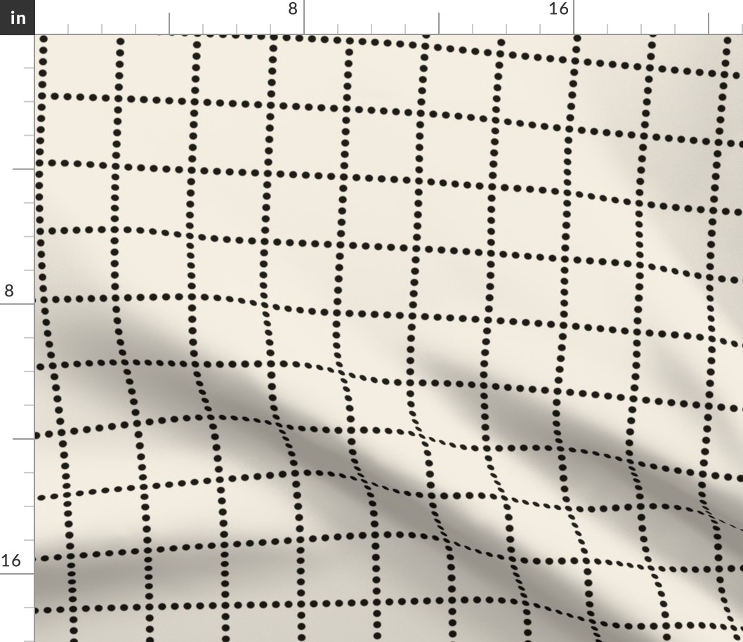 Medium scale / Dotted 2 inch grid lines black on beige / Warm neutrals minimal simple beaded circle dots and classic thin stripes vintage 60s squares on pale light creamy ivory / natural dusty off white modern plaid checks mens blender