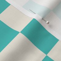 Medium scale / Retro blue and beige checkerboard 2 inch squares / Vintage 60s geometric kitchen tiles / teal picnic checks grid on warm light creamy ivory / cool aqua bright bold classic 70s monochromatic summer blender