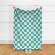 Large scale / Retro blue and beige checkerboard 4 inch squares / Vintage 60s geometric kitchen tiles / teal picnic checks grid on warm light creamy ivory / cool aqua bright bold classic 70s monochromatic summer blender