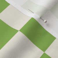 Medium scale / Retro green and beige checkerboard 2 inch squares / Vintage 60s geometric kitchen tiles / picnic checks grid pear apple green on warm light creamy ivory / bright bold 70s monochromatic fresh spring blender