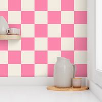 Large scale / Retro pink and beige checkerboard 4 inch squares / Vintage 60s geometric kitchen tiles / cute picnic checks grid on warm light creamy ivory / happy rose classic 70s monochromatic girly valentines candy blender