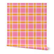 Large scale / Pink and yellow double plaid tartan / Happy warm candy fuchsia vintage stripes 60s picnic checks retro square grid / minimal classic 70s vichy caro lines fun fresh rose girly summer blender