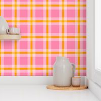 Large scale / Pink and yellow double plaid tartan / Happy warm candy fuchsia vintage stripes 60s picnic checks retro square grid / minimal classic 70s vichy caro lines fun fresh rose girly summer blender