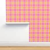 Large scale / Pink and yellow double plaid tartan / Happy warm candy fuchsia vintage stripes 60s picnic checks retro square grid / minimal classic 70s vichy caro lines fun fresh rose girly summer blender