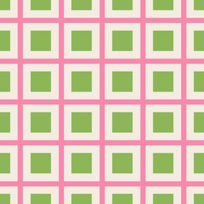 Medium scale / Green squares in pink grid on beige plaid / Fun girly stripes 60s checks happy retro box dots / minimal classic lines warm fresh spring apple green and light cream summer candy rose blender