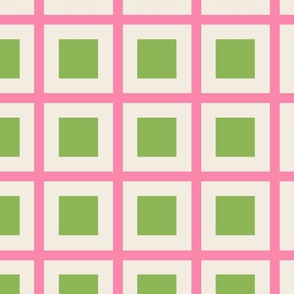 Large scale / Green squares in pink grid on beige plaid / Fun girly stripes 60s checks happy retro box dots / minimal classic lines warm fresh spring apple green and light cream summer candy rose blender