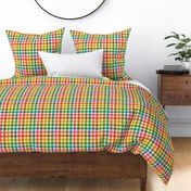 Medium scale / Retro rainbow multicolored plaid on cream / bright bold happy gingham 60s stripes in blue green yellow orange and pink on soft light ivory beige / warm 70s vichy caro lines fun summer blender