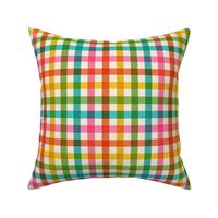 Medium scale / Retro rainbow multicolored plaid on cream / bright bold happy gingham 60s stripes in blue green yellow orange and pink on soft light ivory beige / warm 70s vichy caro lines fun summer blender
