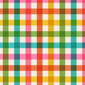 Large scale / Retro rainbow multicolored plaid on cream / bright bold happy gingham 60s stripes in blue green yellow orange and pink on soft light ivory beige / warm 70s vichy caro lines fun summer blender