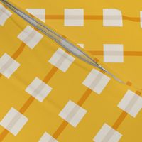 Medium scale / Vertical beige squares on yellow stripes / Modern simple minimal checks in light creamy ivory and bright orange happy sunny lines / cute preppy fun kids nursery retro summer blender