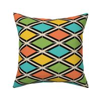 Medium scale / Retro rainbow horizontal harlequin diamonds on black / Colorful diagonal checks 60s argyle in warm bright blue green yellow orange on ivory and dark background / Mid century modern fun blender