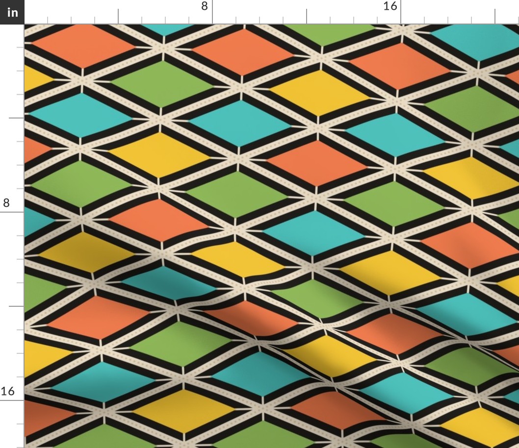 Medium scale / Retro rainbow horizontal harlequin diamonds on black / Colorful diagonal checks 60s argyle in warm bright blue green yellow orange on ivory and dark background / Mid century modern fun blender