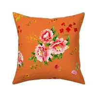 Large Oriental  Watercolor Peony Clusters with Dulux Kings Canyon Orange Background