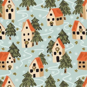 Christmas greetings  -Winter town – gold, off white, forest green and pastel pink      // Big scale