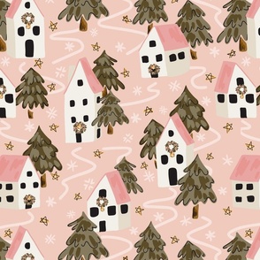 Winter town – gold, off white, forest green and pastel pink      // Big scale