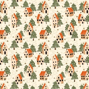 Winter town – gold, orange, forest green and cream        // Small scale