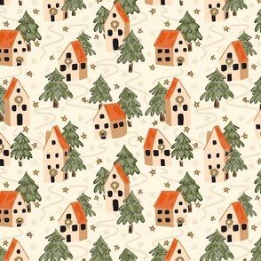 Winter town – gold, orange, forest green and cream        // Medium scale