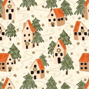 Winter town – gold, orange, forest green and cream        // Big scale