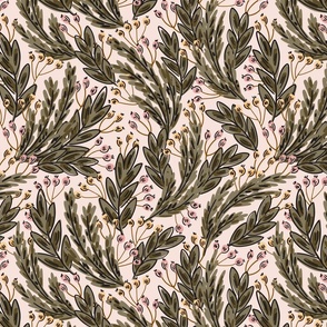 Wild Berries – pastel pink, yellow, pink, olive green and black   // Medium scale