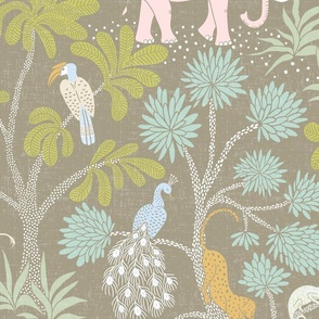 elephant jungle/colourful on beige background with texture