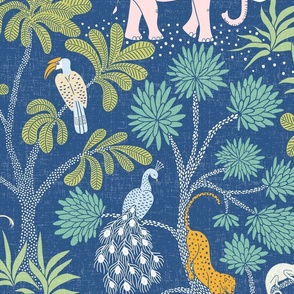 elephant jungle/dark blue and green colourful with texture