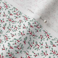 Little mistletoe garden minimal botanical berries and leaves Christmas design white green red TINY small scale