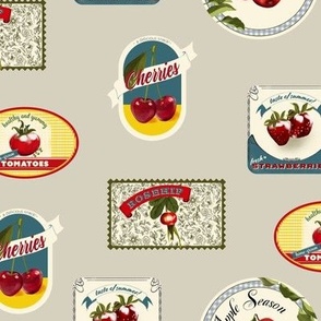 Retro labels tomatoes, cherries, apples, rosehip and strawberries