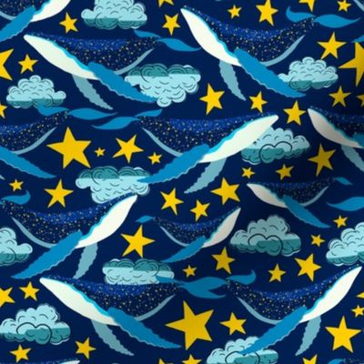 Blue whales swim in the night sky