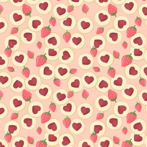 Valentines Day Cookies and Strawberries, Strawberry Jam, Heart Cookies, Sugar Cookies, Sweets, Valentines Treats, Valentines Fabric – Red, Pink, Peach