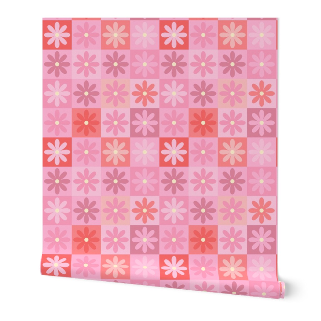 Red and Pink Daisy Patchwork Cheater Quilt