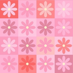 Red and Pink Daisy Patchwork Cheater Quilt