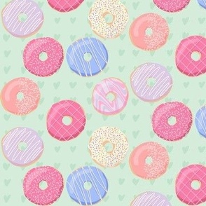 Donuts with Hearts Pink, Blue, Purple on Turquoise