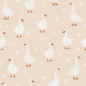 Geese and Daisies on Beige, Gender Neutral, Nursery Fabric