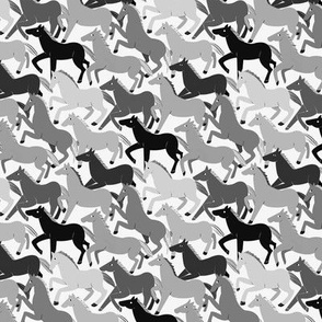 Wild Horse Herd - black and white, 2 inch horses